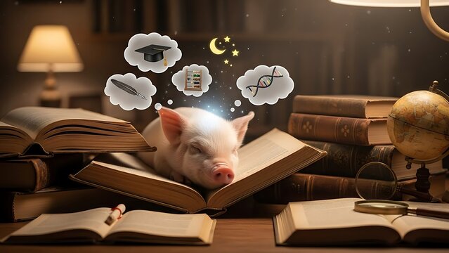 Little piglet sleeping on books with dream bubbles.