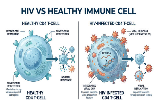 Comparison of a Healthy Human Immune System CD4 T Cell Against an HIV Infected Cell Illustrating Viral Replication and Pathogen Defense Mechanisms