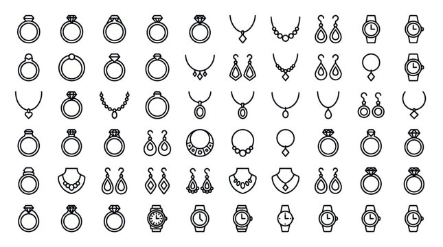 Jewelry rings necklaces and luxury accessories line icons.