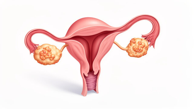 Endometriosis concept ,Ovarian cysts on female reproductive system showing uterus and fallopian tubes with painful condition