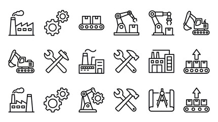 Fototapeta premium Industrial manufacturing and robotic factory line icon set.