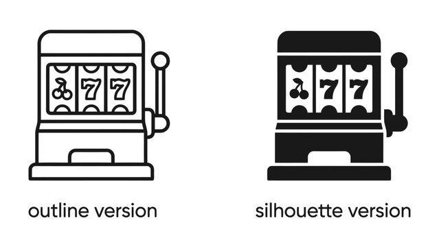 Slot Machine Icons: A set of slot machine icons, presented in both outline and silhouette versions, displaying lucky sevens, symbolizing chance and entertainment.