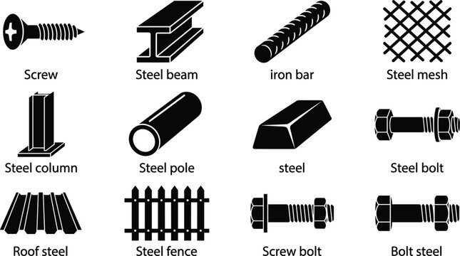 Industrial construction metallurgy materials black silhouette icons set with beam column bar mesh bolt screw isolated vector