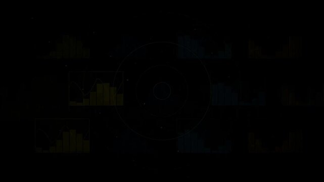 Abstract digital data visualization with floating blue and gold financial charts and holographic interface