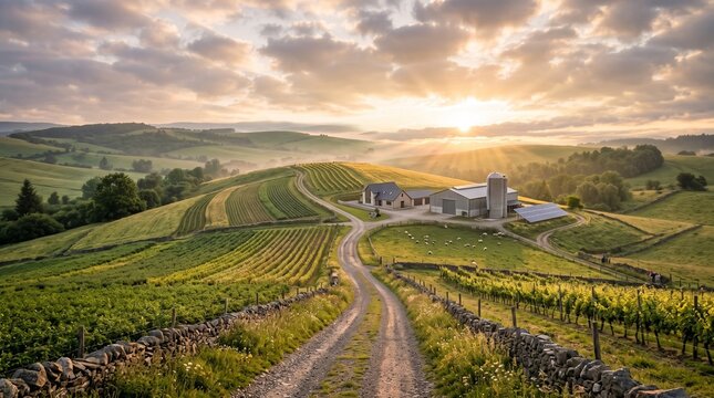 A breathtaking golden sunrise over rolling green hills, majestic mountains, and a crystal-clear lake with soft morning mist, warm golden hour sunlight illuminating dew-covered grass, dramatic sun rays