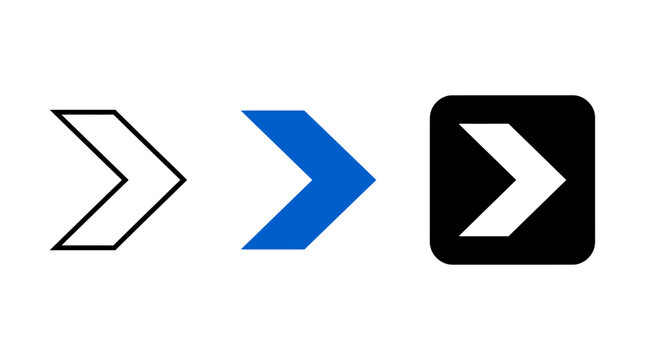 A set of three distinct chevron arrow icons displaying outline, filled blue, and negative space variations inside a rounded square