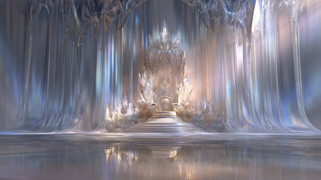 Majestic Crystal Throne Room: Icy Palace Interior with Reflective Floor and Dramatic Lighting