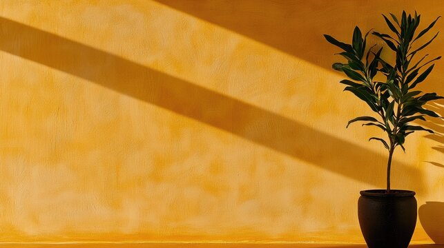 Warm toned stucco wall illuminated by strong diagonal sunlight casting dramatic shadows beside a potted foliage specimen