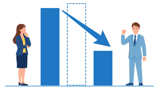 Businessman celebrates as a businesswoman looks on at a declining sales chart with a downward arrow.