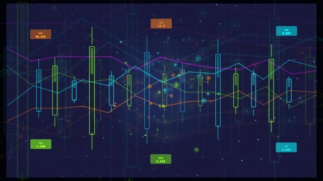 Abstract Digital Financial Stock Market Chart with Fluctuating Candlestick Graphs and Data Points on Dark Background
