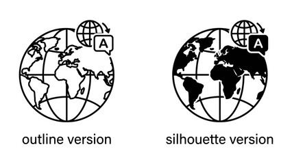 Global Communication and Translation Icons: Two distinct icons represent global communication and translation services, featuring a stylized globe with an overlay indicating language conversion. © Nirob
