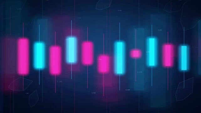 Abstract Digital Financial Candlestick Chart with Glowing Blue and Pink Bars on Dark Background