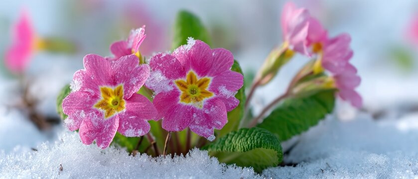 Delicate pink primroses dusted with frost emerge from winter snow, a symbol of resilience and early spring hope.