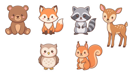 Fototapeta premium Cute Cartoon Forest Animals Collection Featuring Bear Fox Raccoon Deer Squirrel and Owl.