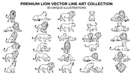 Minimalist lion vector line art collection, 30 unique illustrations of wild cats and cubs, black outline lion silhouettes for logo design and branding © ASAD