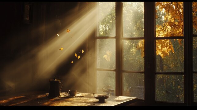 Strong shafts of sunlight illuminate dust motes and falling leaves inside a dim room near a window displaying autumn foliage
