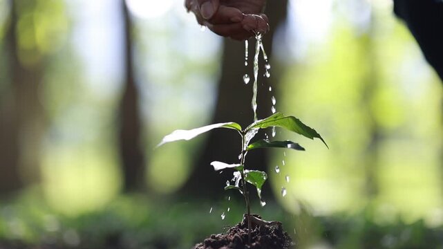 Watering young tree seedling by hand in nature, environmental conservation concept