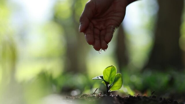 Watering young tree seedling by hand in nature, environmental conservation concept
