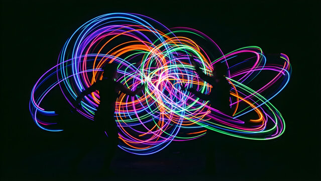 Silhouettes of people performing light painting with LED neon trails