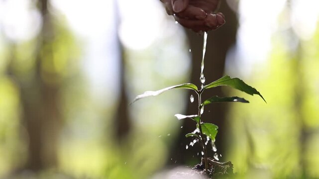 Watering young tree seedling by hand in nature, environmental conservation concept