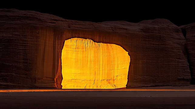 Dramatic illumination highlights the textured face of a massive desert rock formation at night