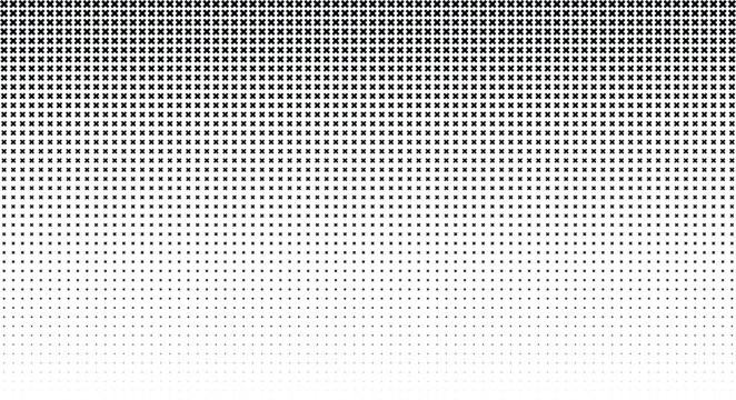 Black cross halftone pattern with vertical gradient fading from dense to sparse bottom on a white background, for textures