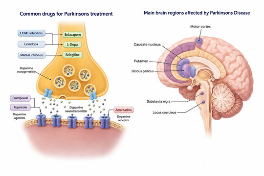 AI generated detailed Parkinson disease brain anatomy dopamine treatment diagram showing affected regions neurotransmission medical education for healthcare science