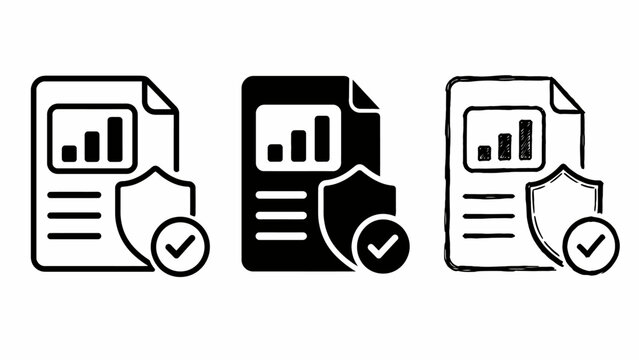 Document security icons: three styles of protective file symbols with graphs and checks