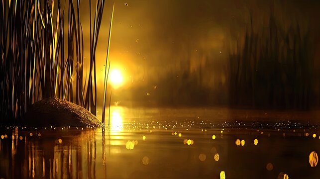 Golden illumination reflects across still water surface near dark reeds at dusk