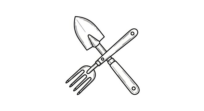 Gardening tools fork and trowel crossed.