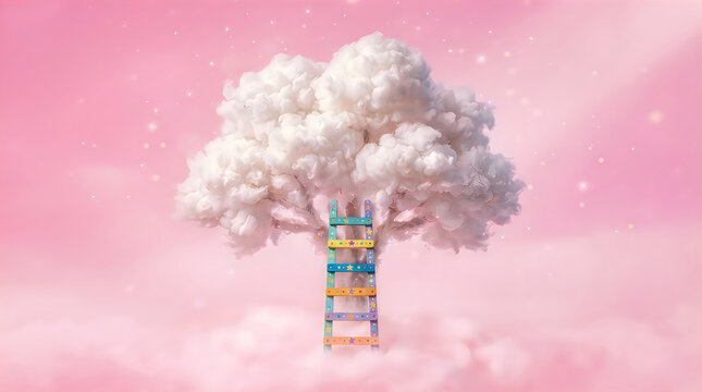 Colorful toy ladder leaning against large blooming cotton candy cloud on pink background