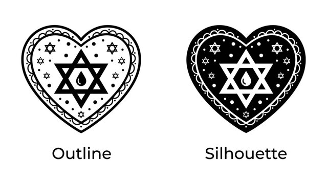 Star of David Heart: A graphic representation of a heart shape, featuring the Star of David at its center, with a drop symbolizing unity and peace, presented in both outline and silhouette styles.