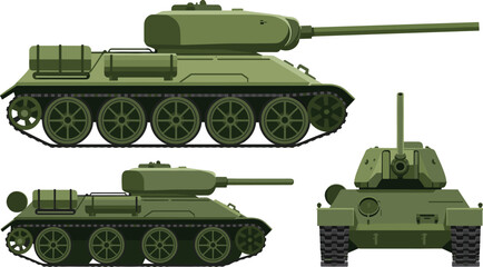 Vintage World War Military Tank Vector Set with Front and Side View Orthographic Blueprint Elements for Historic Battle and Strategy Gaming Designs © MstAfia