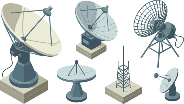 Isometric Satellite Dish and Telecommunication Antenna Icon Set with Radar Communication Tower Elements for Technology and Broadcasting Graphic Designs