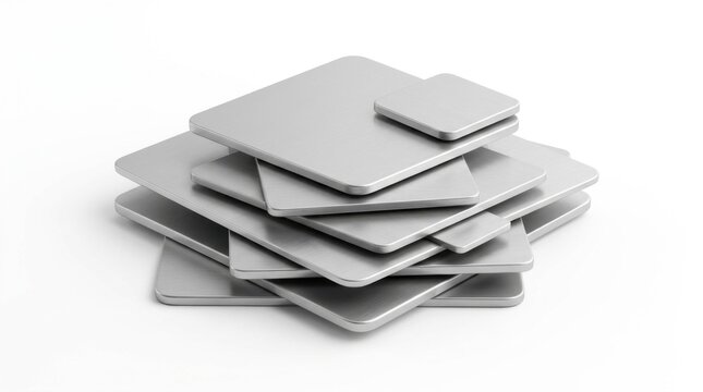 Stacked brushed metal square plates with rounded corners on white background