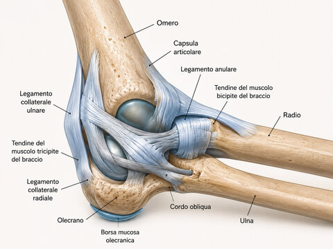 AI generated detailed elbow joint anatomy diagram labeled bones ligaments tendons joint structures for medical education orthopedic healthcare clinical reference