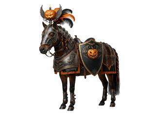 Naklejka premium Halloween armored war horse with glowing pumpkin head isolated on transparent background. Conceptual design for spooky.