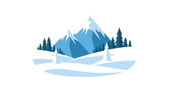Snowy mountain landscape with pine trees.