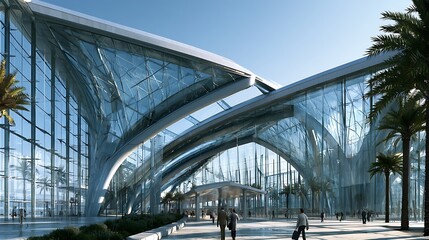 Fototapeta premium Modern architectural glass and steel terminal building with palm trees.