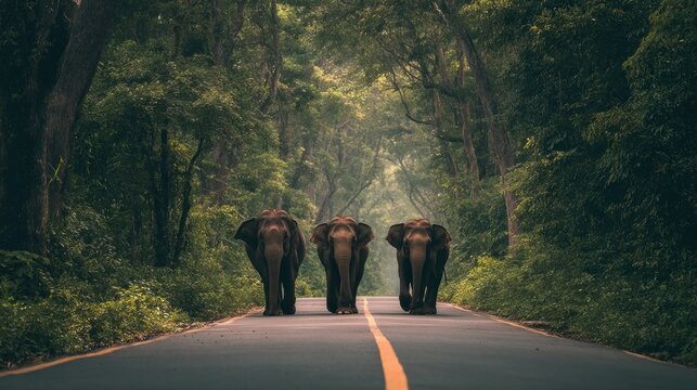 Majestic Elephants Marching Down a Lush Forest Road in Golden Hour Light