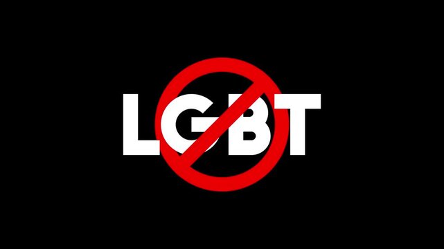 Horizontal 4K video. Animation with text LGBT on rainbow flag and red prohibition sign on white. Concept of human rights violation, homophobia, ban of LGBT propaganda, same-sex love, gay pride, cancel