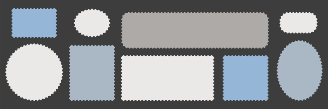Postage stamp shape collection. Solid perforated rectangle with clean scalloped edge, blank label template and flat vector design.