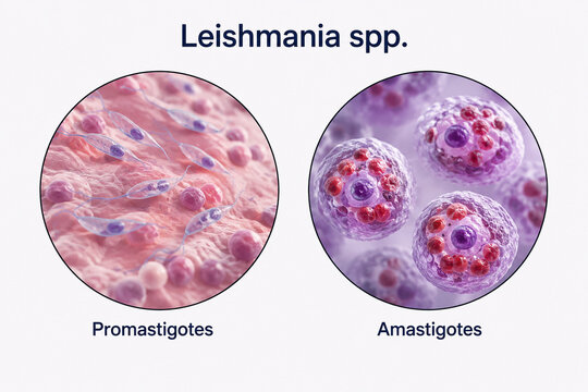 AI generated comparison of Leishmania promastigote amastigote parasite forms detailed cellular appearance for microbiology education medical research parasitology