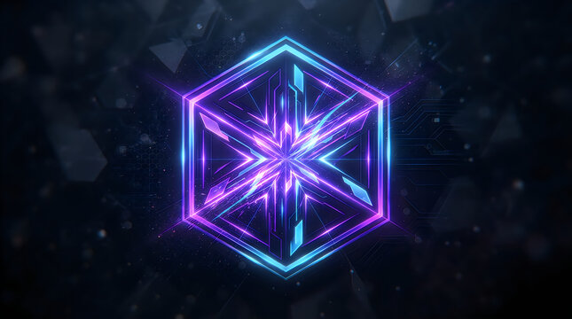 Glowing futuristic diamond shape with light beams and network lines on dark background