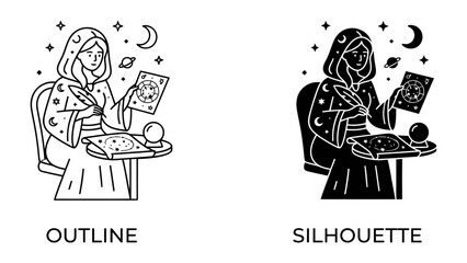 Naklejka premium Mystical Fortune Teller: A woman draped in a hooded robe, surrounded by celestial symbols, interprets a mystic chart with a quill, while a crystal ball sits nearby.