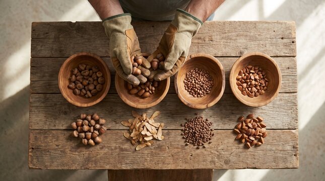 Gloved hands sorting seeds and nuts