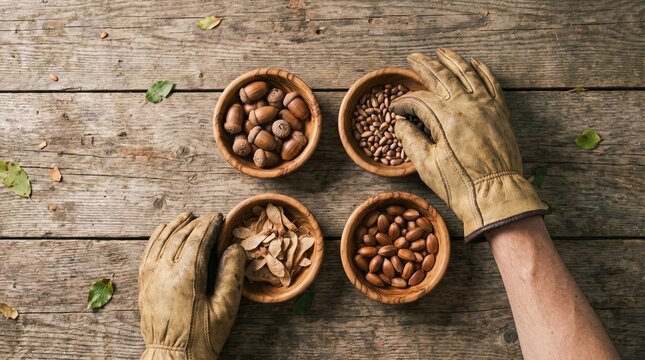 Gloved hands sorting seeds and nuts