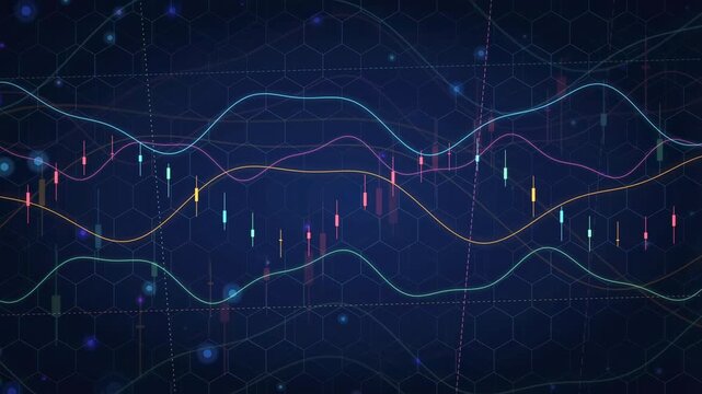 Abstract digital financial stock market chart with glowing lines and data points on dark background