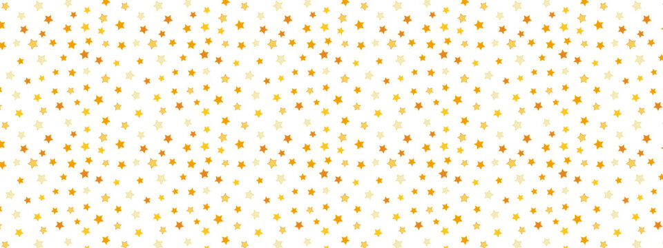  Star pattern background with gold, yellow, orange scattered specks. Small golden dots, speckles, confetti shapes in seamless texture. Vector wallpaper for party or birthday packaging design.