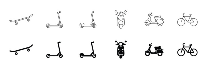 Scooter skateboard and bicycle icon set with editable stroke outline style ©  